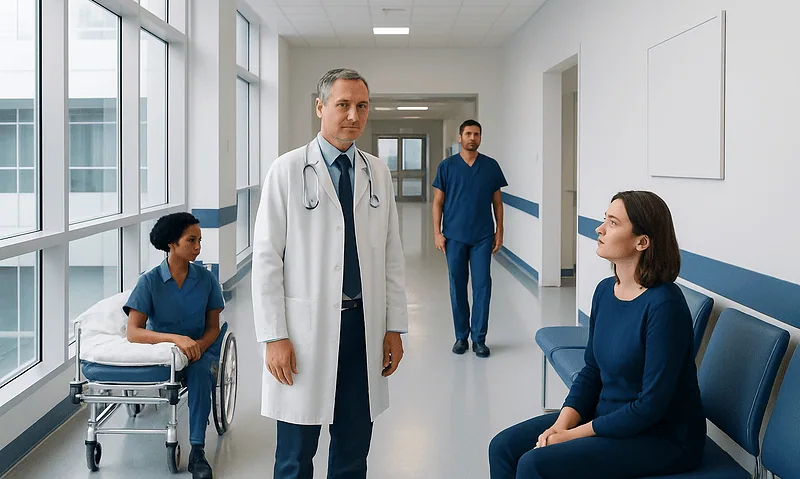 Medical team consulting patient in hospital corridor for thoracic care.