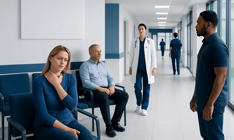 Patient in hospital corridor consulting with healthcare professionals.