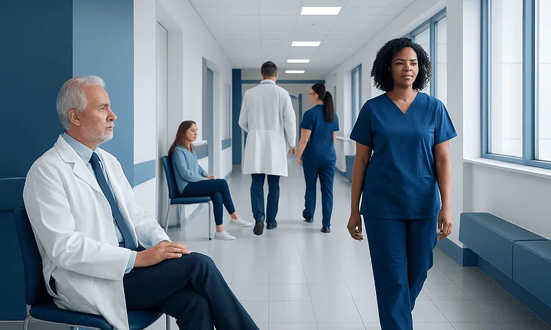 Healthcare professionals and patients in a hospital corridor.