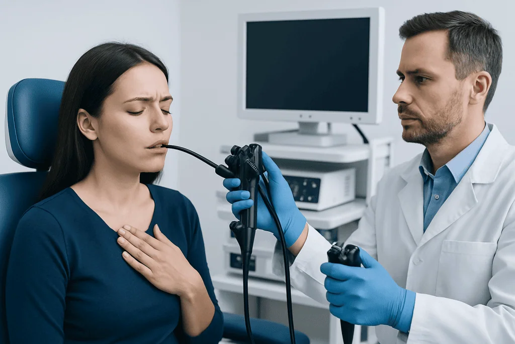 Doctor examines throat with endoscope during patient consultation at hospital.