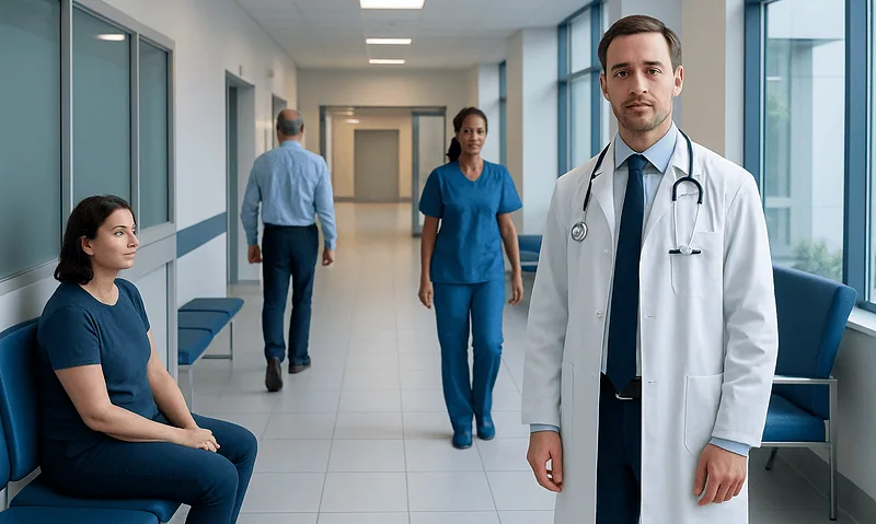 Medical team in hospital corridor with doctor and patients.