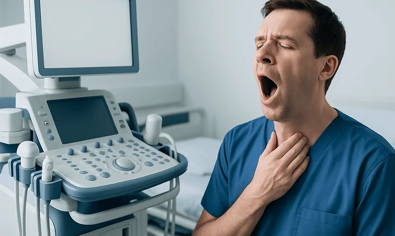 Man yawning in a medical examination room with ultrasound equipment.