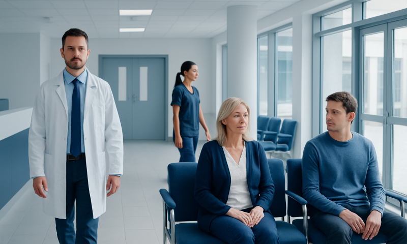 Thrombocytosis: Symptoms, Causes, and Treatment Options 15 Medical consultation in a hospital waiting area with doctor and patients.