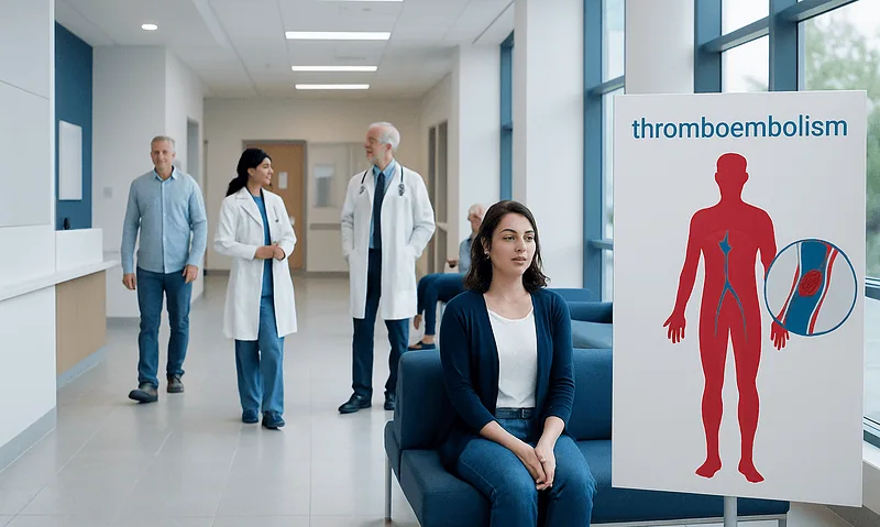 Medical professionals and patient in hospital corridor with thromboembolism awareness poster.