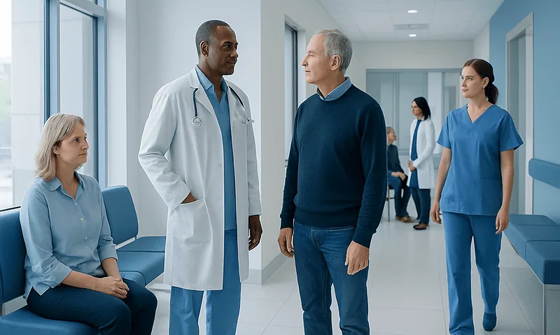 Doctor consulting with a patient in a hospital corridor with medical staff in background.