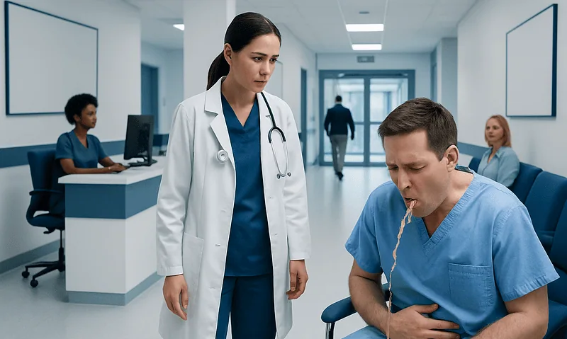 Hospital staff observing a patient with stomach pain in a modern medical facility.