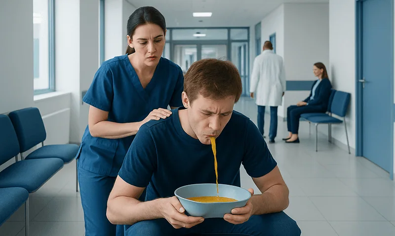 Patient vomiting yellow bile in hospital corridor with nurse nearby.
