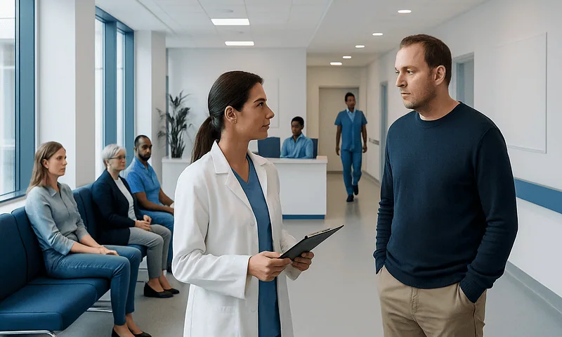Doctor consulting patient in hospital corridor with waiting area.