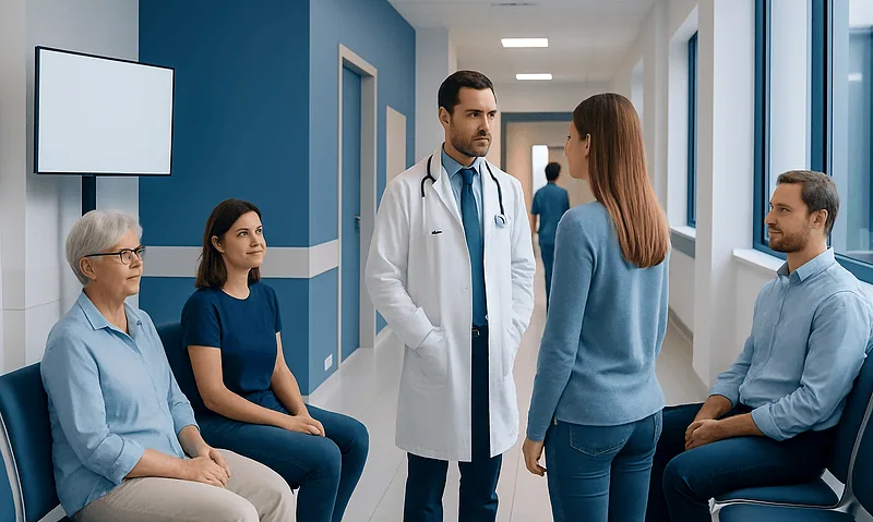 Doctor consulting with female patient in hospital corridor with waiting patients.