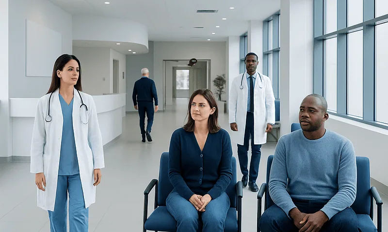 Medical consultation in a modern hospital with doctors and patients.