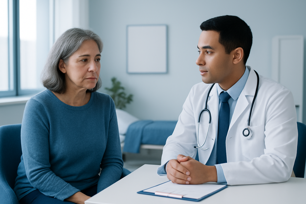 Doctor consulting with an elderly female patient in a medical office.
