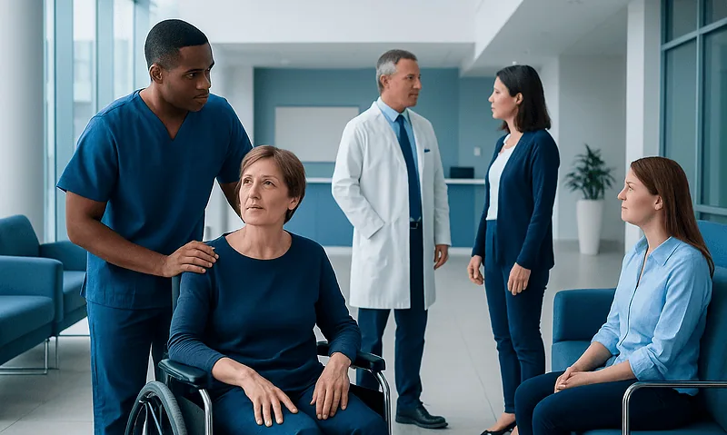 Medical team consulting with a patient in a hospital corridor.