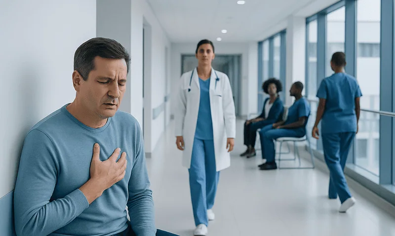 Man experiencing chest tightness in hospital corridor with medical staff nearby.