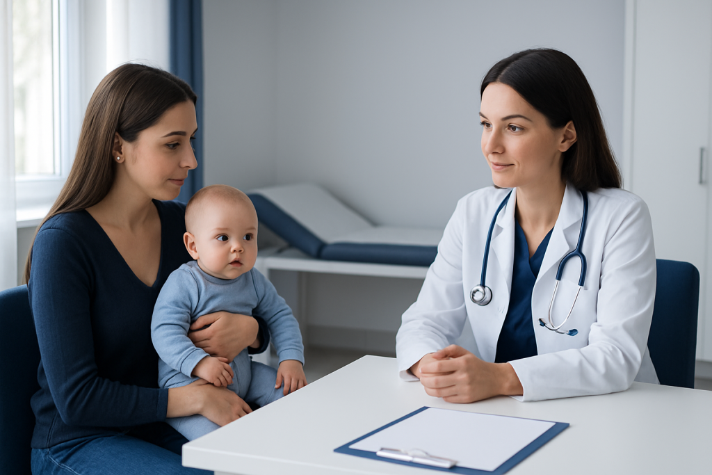 Pediatric consultation with a doctor and mother with baby in a clinic setting.