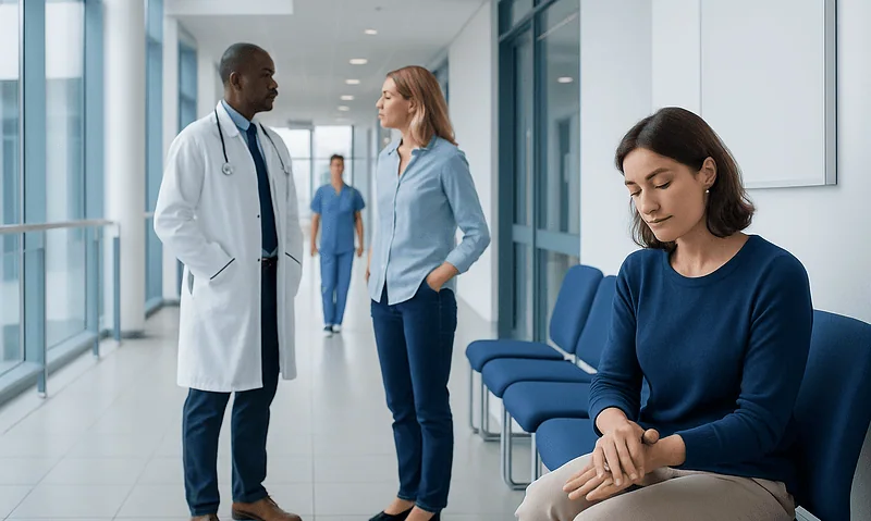 Patient experiencing hand tingling in a hospital corridor with medical staff nearby.