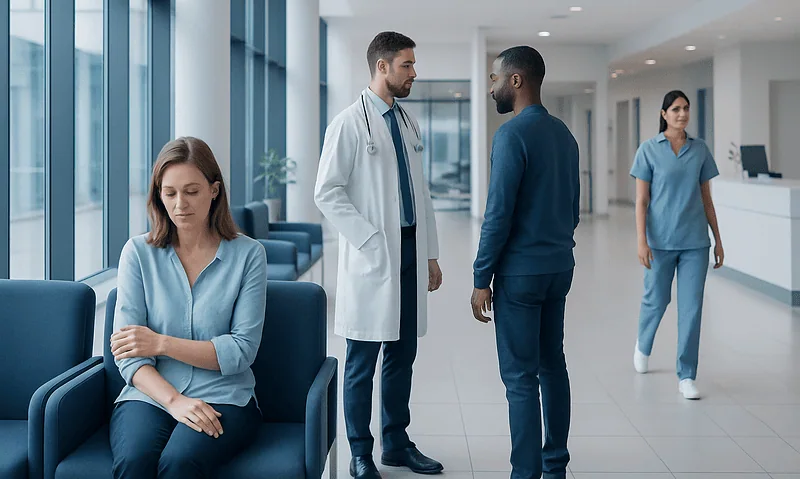 Medical professionals and patient in hospital corridor.