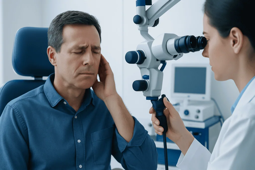 Doctor examines patient's ear with an otoscope in a clinical setting.