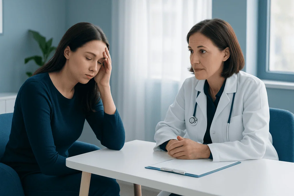 Doctor consulting with a young woman about health concerns in a medical office.