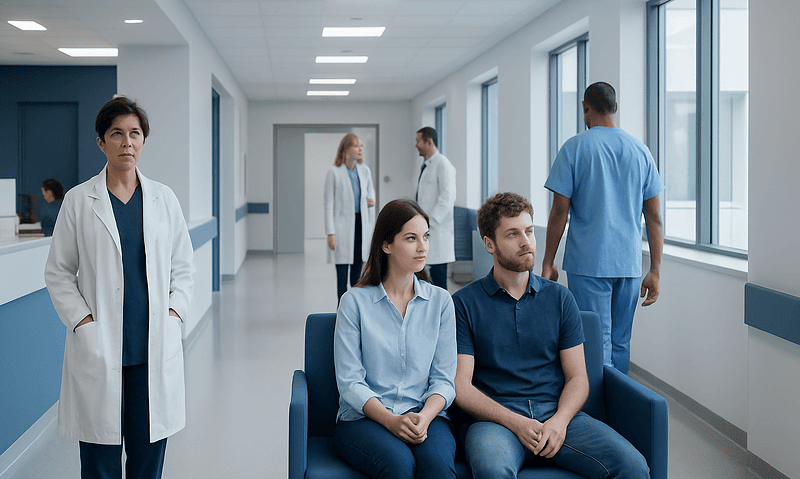 Patients waiting in a hospital corridor with medical staff nearby.