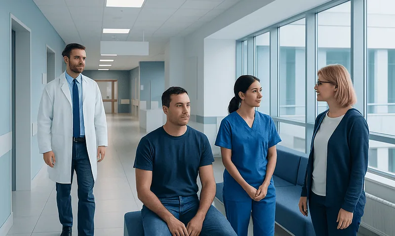 Medical team discussing patient care in hospital corridor.