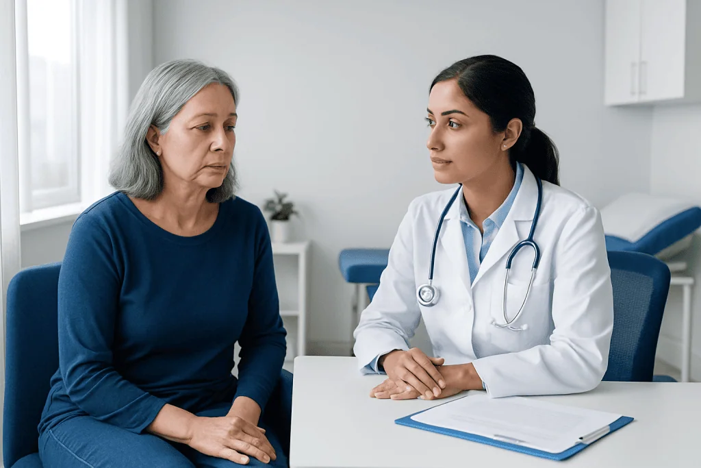 Doctor consulting with an elderly female patient in a medical office.