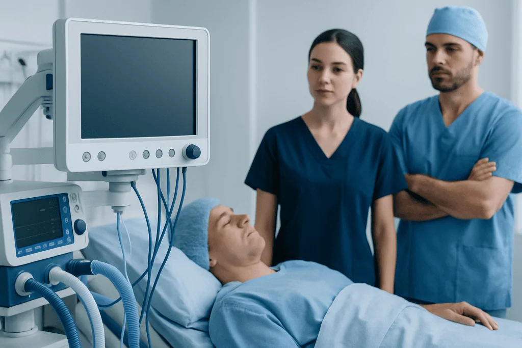 Patient in ICU with medical staff monitoring vital signs.