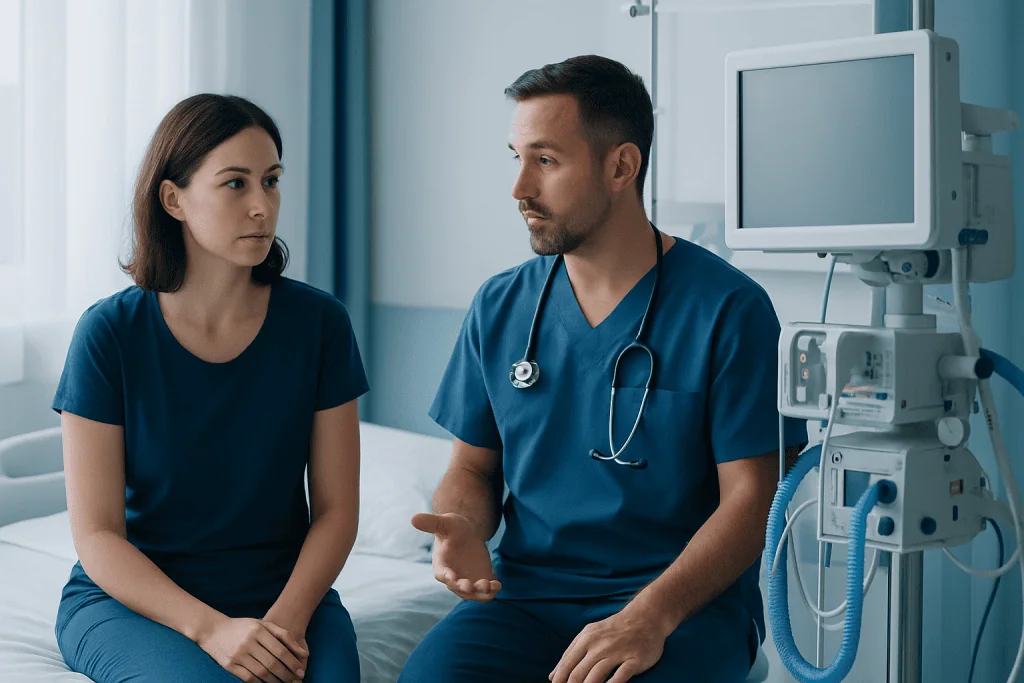 Doctor discussing aftercare supplies with patient in hospital room.
