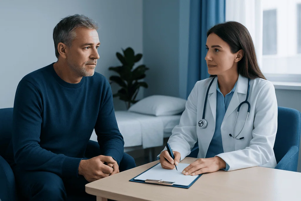 Doctor consulting with a male patient in a medical office setting.