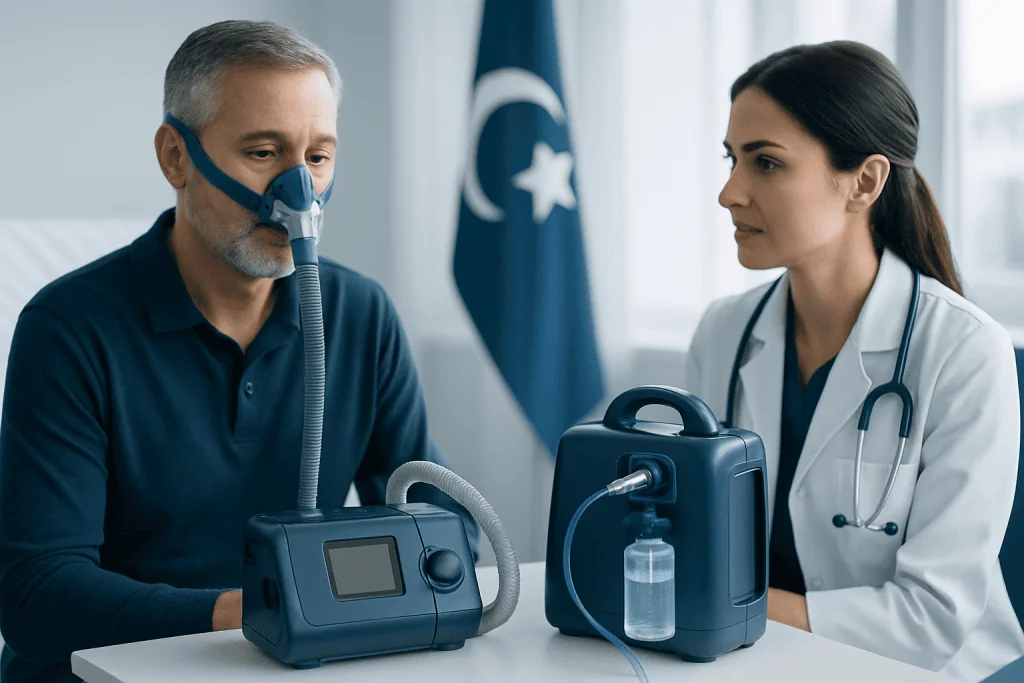 Patient using CPAP machine with healthcare professional in clinic.