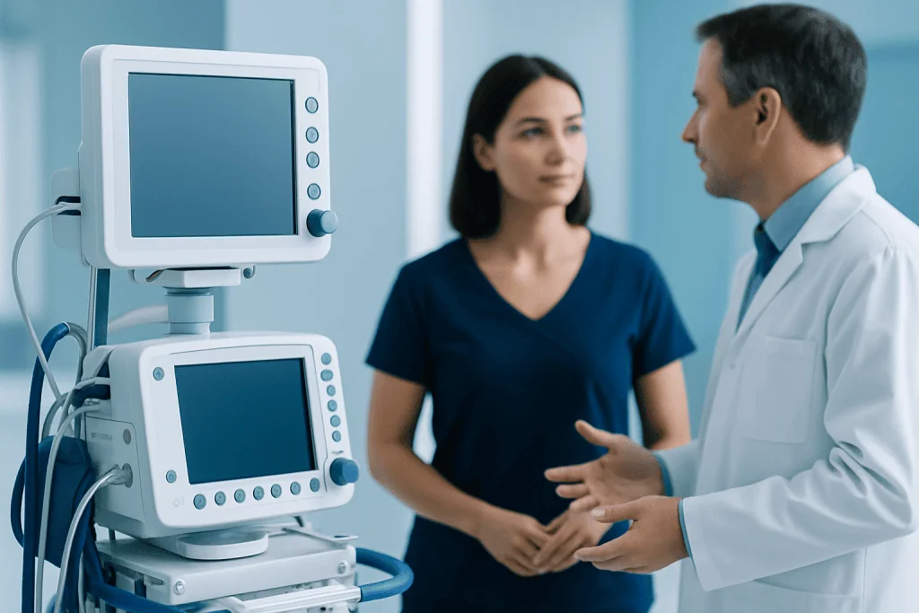 Doctor discussing patient care with a woman in a hospital room with medical equipment.