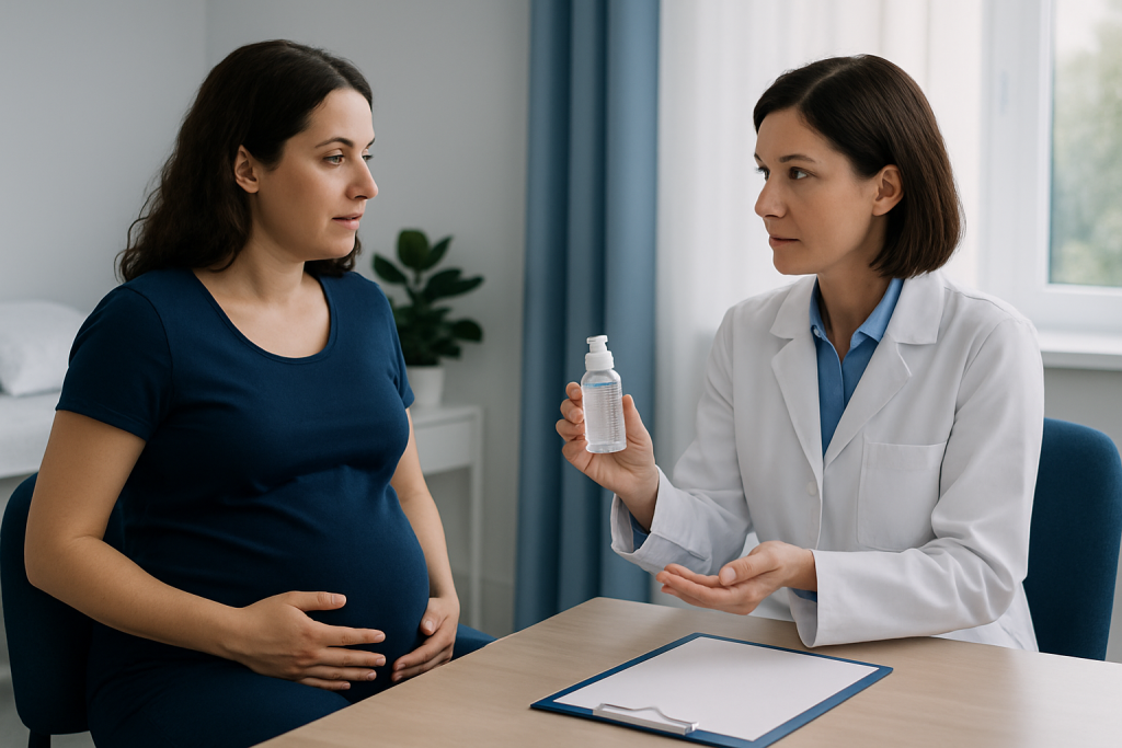 Doctor explaining water-based lubricant to pregnant woman in consultation room.