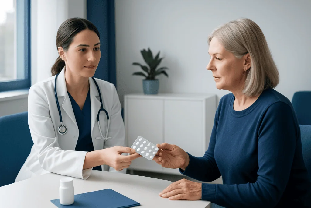 Doctor handing medication to an elderly patient in a clinic setting.