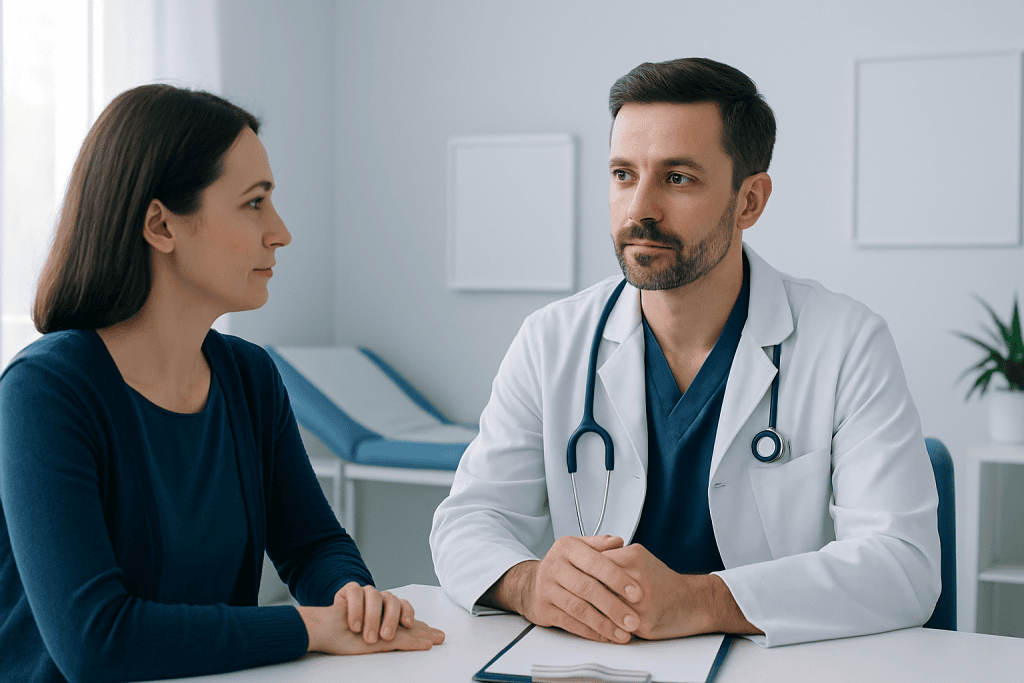 Doctor consulting with a female patient in a modern hospital room.