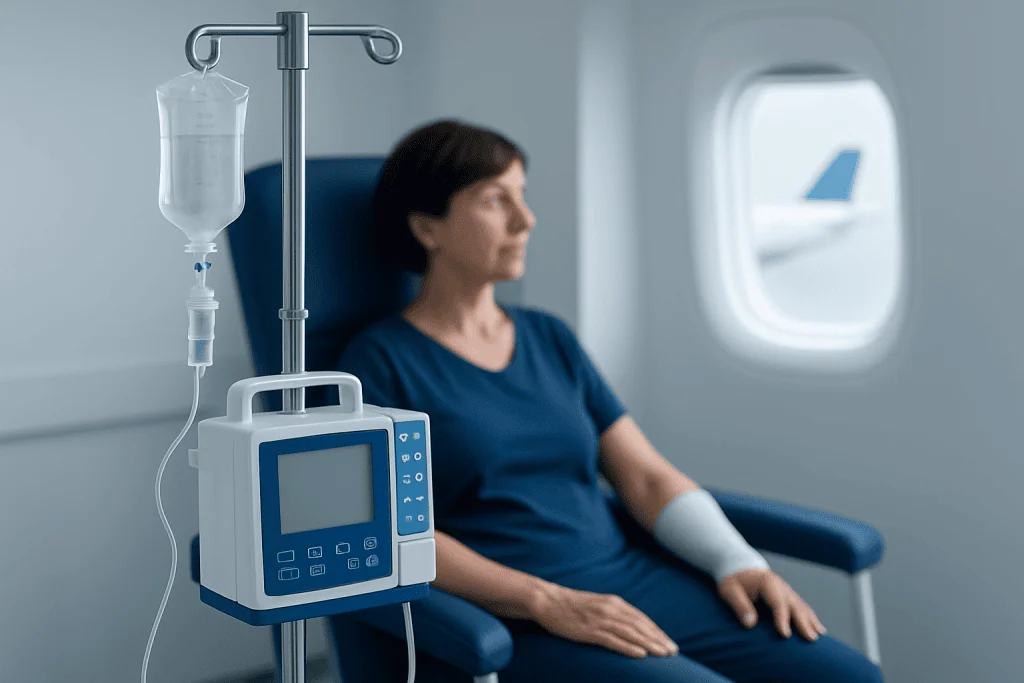 Patient receiving IV therapy on airplane during medical travel.
