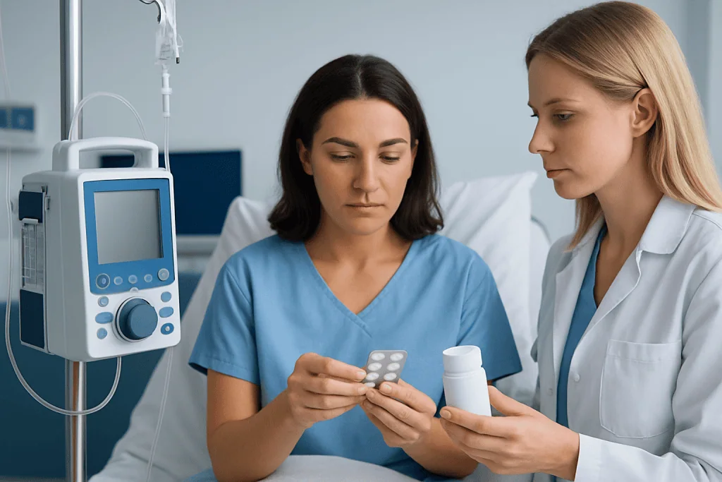 Two healthcare professionals reviewing medication in a hospital room.