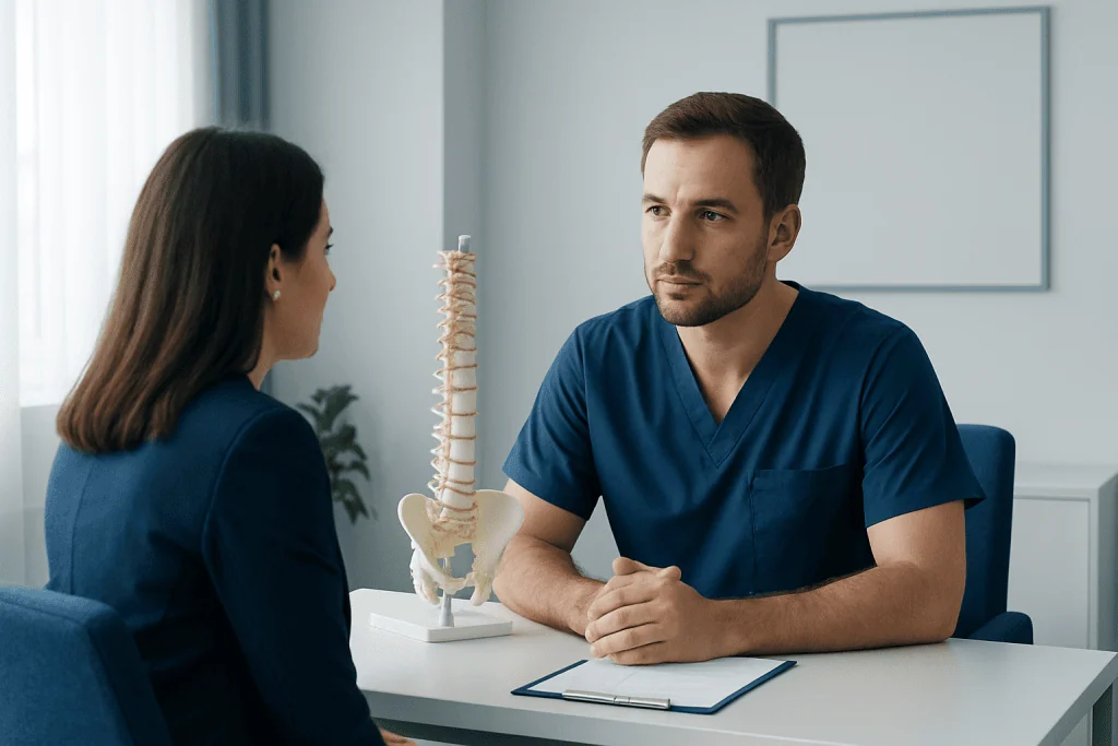Doctor consulting with patient about spine health and surgery options.
