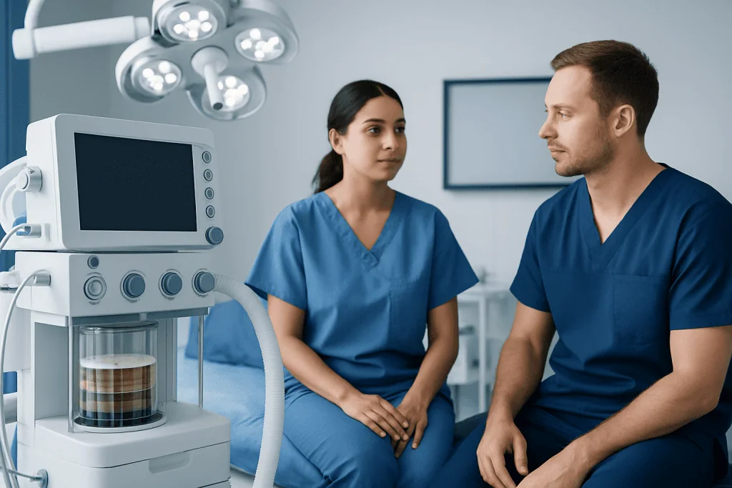 Medical consultation in a hospital room with advanced equipment.