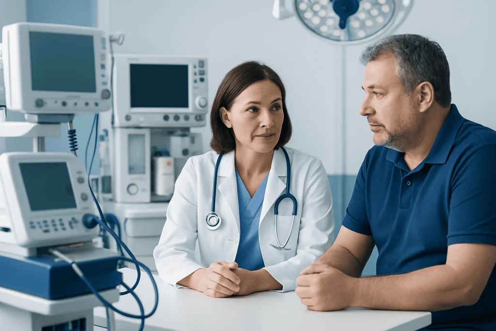 Doctor consulting with a patient in a hospital room with medical equipment.