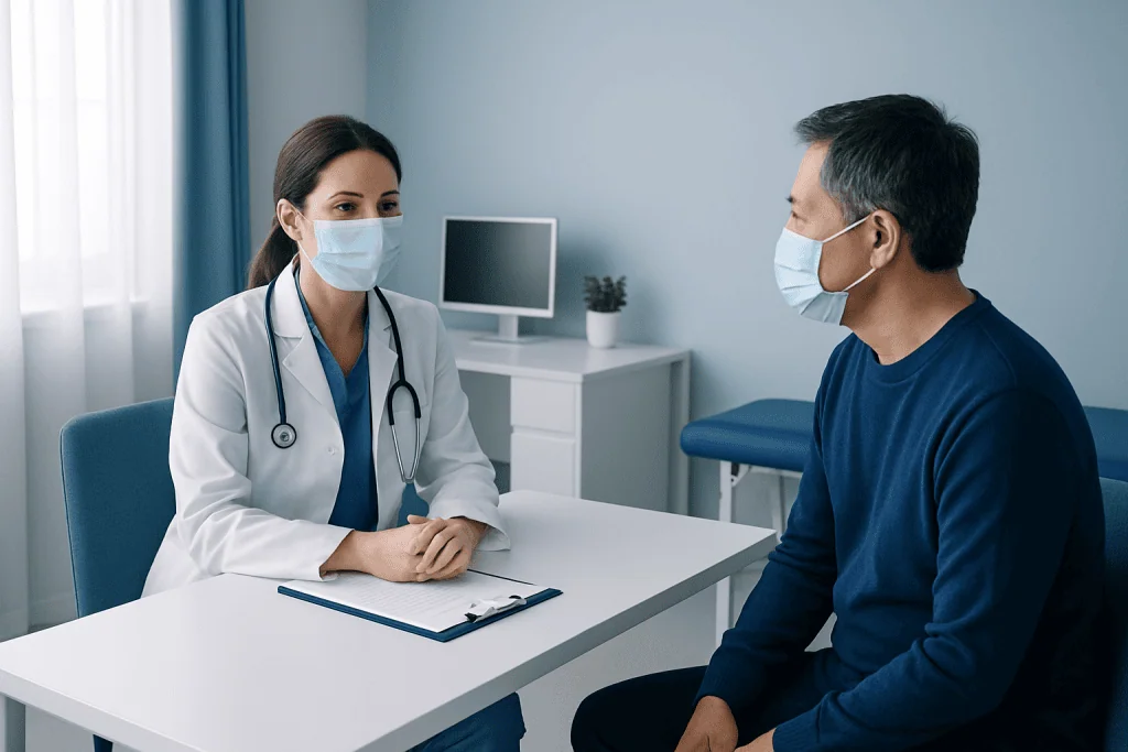 Doctor consulting patient in a medical office during COVID-19 pandemic.