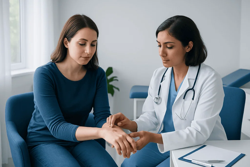 Doctor examining woman's arm for bee sting removal.