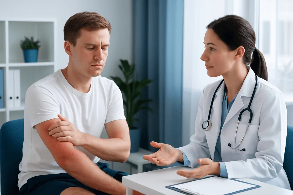 Doctor examining a patient's arm in a medical consultation room.