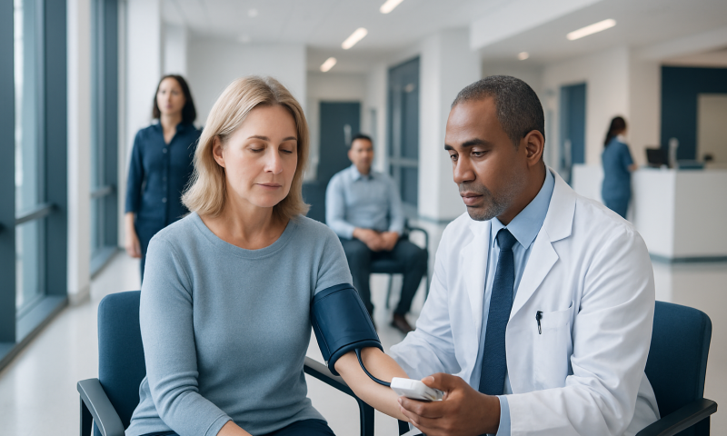 Doctor measuring blood pressure of a woman patient in hospital.