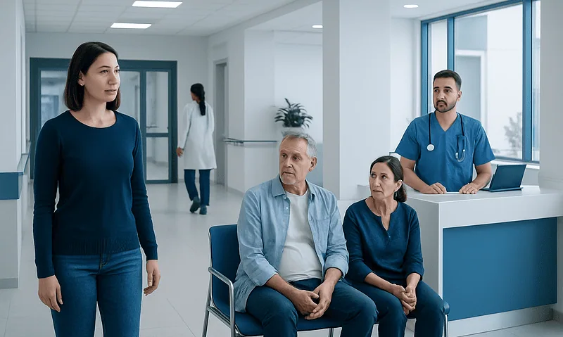 Hospital waiting area with patients and staff in a modern medical facility.