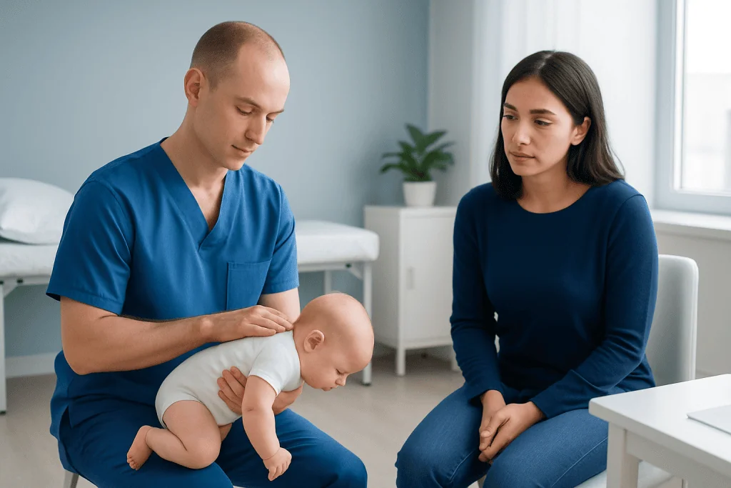Pediatric emergency care demonstration with a doctor and mother.