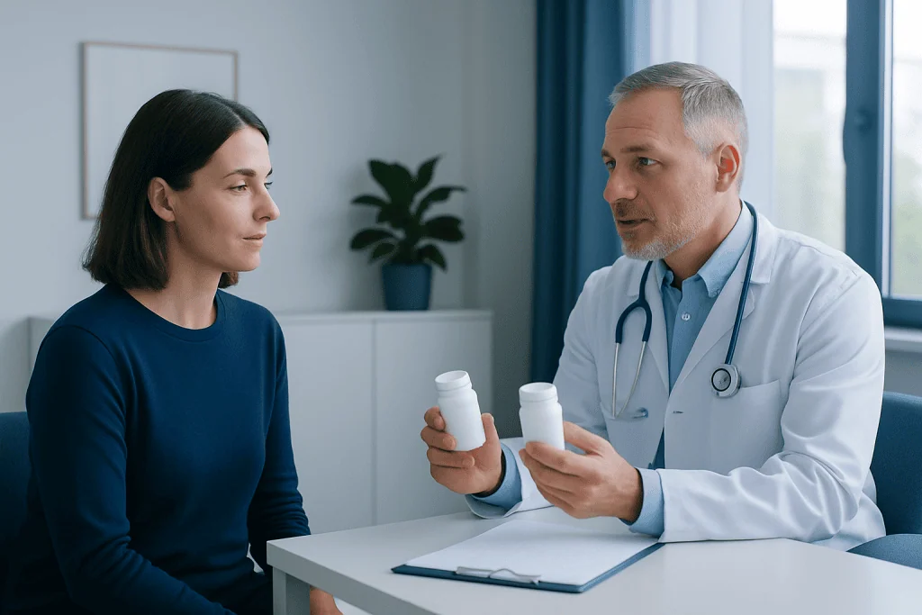 Doctor explaining medication options to a patient in a clinic setting.