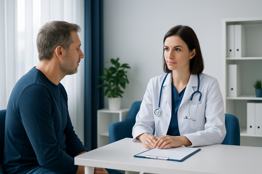 Doctor consulting with a patient in a modern medical office.