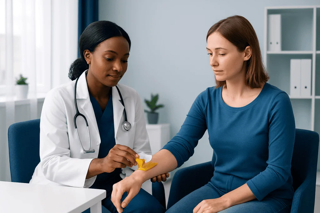 Doctor examining patient's arm in a medical consultation room.