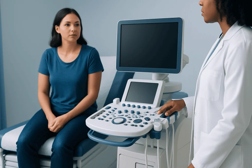 Female patient during ultrasound consultation at Acibadem Hospital.