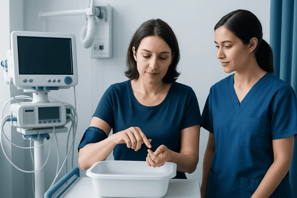 Nurse applying a bandage to a patient's hand in a hospital room.