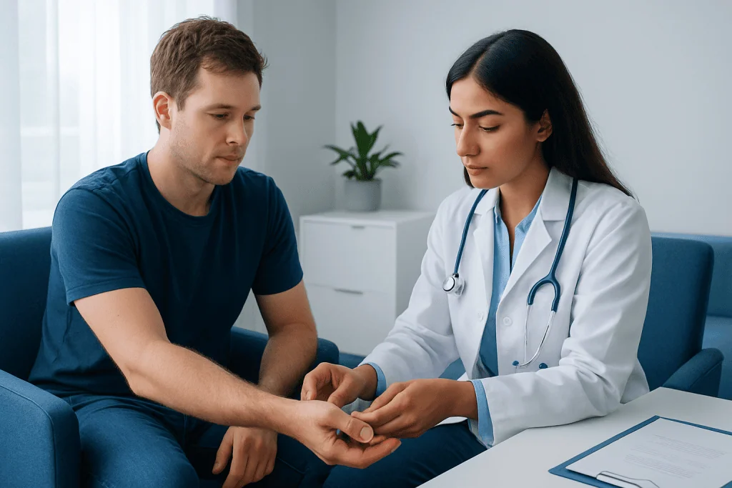 Doctor examining patient's hand in a medical consultation room.